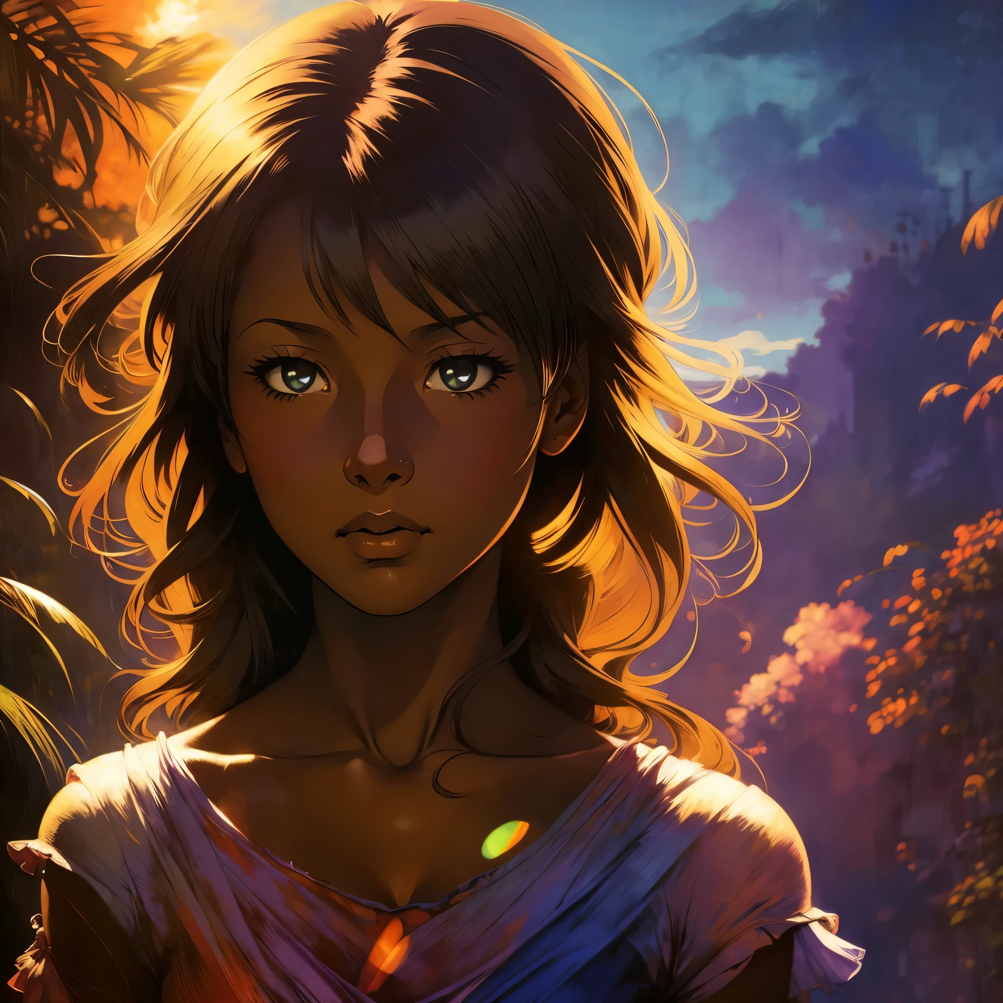 ((Solo Beautiful Carribean woman with dark skin and striking eyes)),  shadowed interior background, art by akihiko yoshida, manga art style, colorfield illustration, scary atmosphere, global illumination, by frank frazetta, art by goro fujita, glamor shot, banner, blur, anime key visual, (blue, yellow and gray colors), photorealistic dramatic anime girl, intricately detailed, chiaroscuro, pino daeni, impressionist