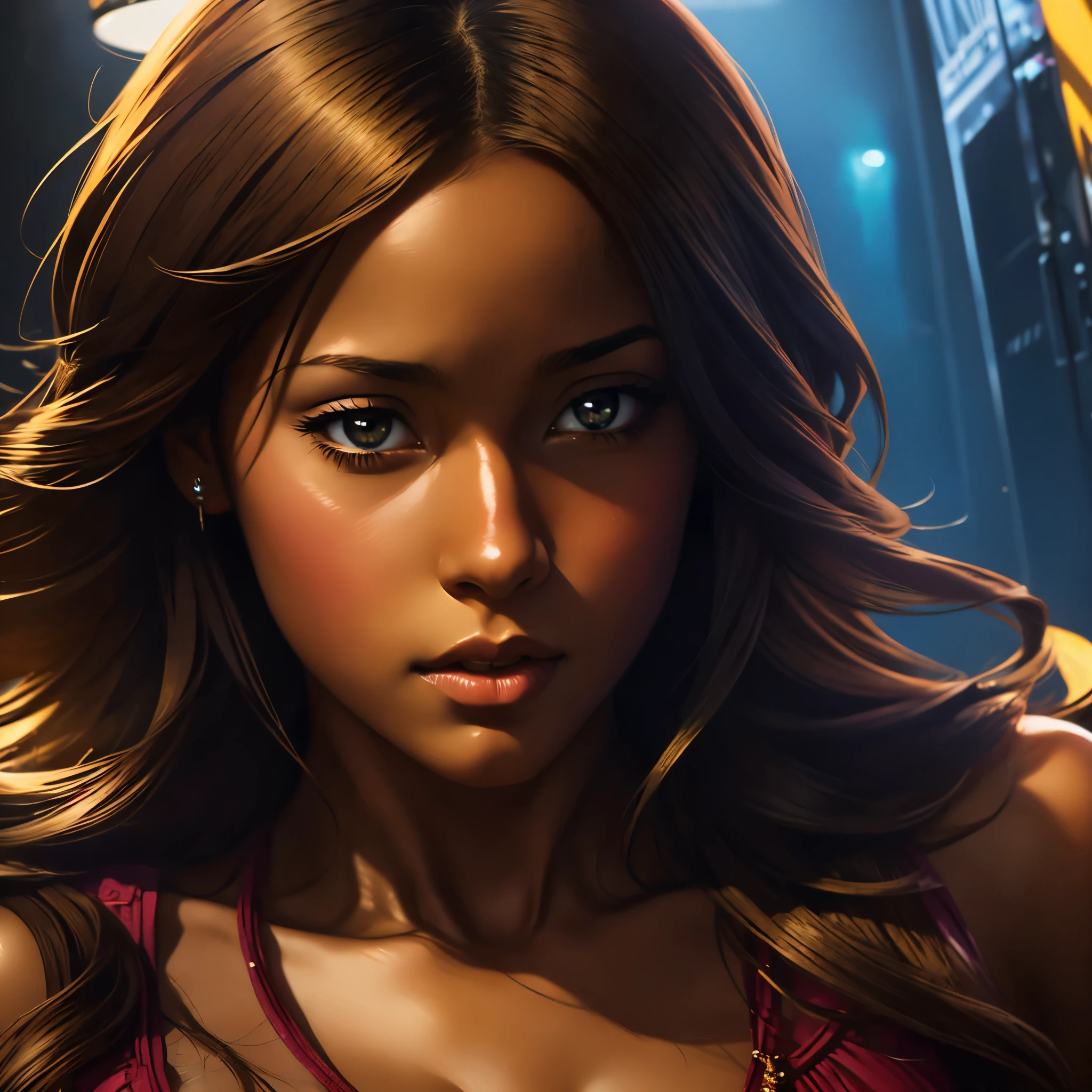 ((Solo Beautiful Carribean woman with dark skin and striking eyes)), shadowed interior background, art by akihiko yoshida, manga art style, colorfield illustration, scary atmosphere, global illumination, by frank frazetta, art by goro fujita, glamor shot, banner, blur, anime key visual, (blue, yellow and gray colors), photorealistic dramatic anime girl, intricately detailed, chiaroscuro, pino daeni, impressionist