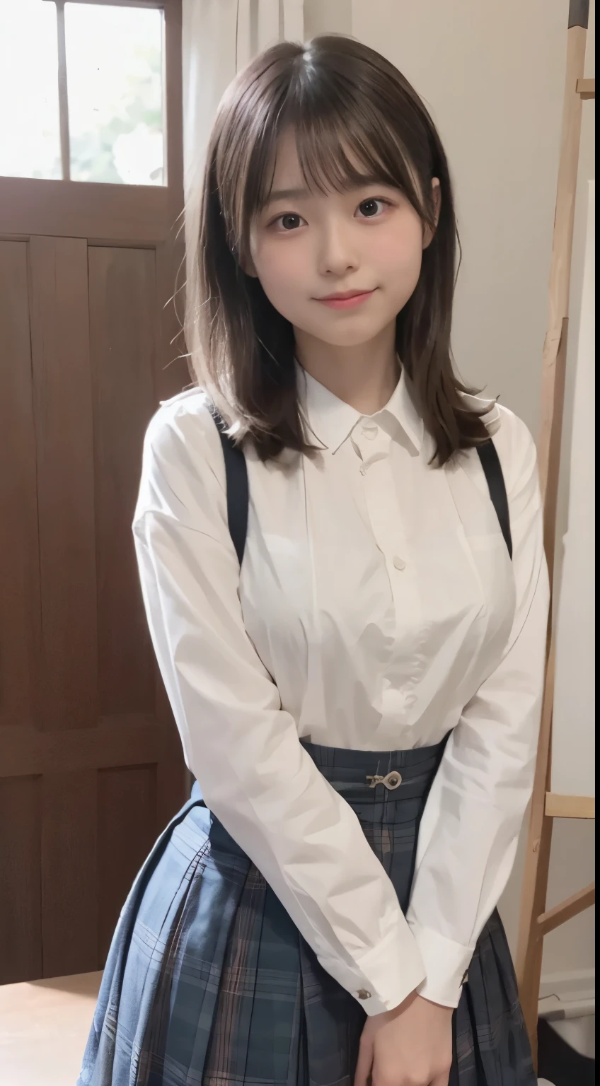 Incredibly absurd, Beautiful and cute 12 year old Japanese girl with a realistic face, Showcasing the highest quality craftsmanship, Her slender frame is adorned with a short length, hair messy, Artwork high resolution, Allows you to perfectly capture ultra-detailed features, girl painted naked, The focus is on the real eyes, Expressing a smile and embarrassment, ((Breasts out)), huge-breasted, skirt by the, Overshirt,