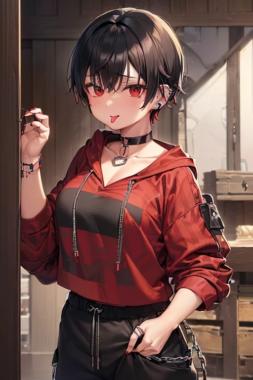 ((1 juvenile))、、((thin-waist))、de pele branca、((huge udder))、((khaki hooded coat、Red and black horizontal striped shirt、short-hair、Black hair with red mesh、hair pin、Red cheeks、sticking out the tongue、a choker、piercings、Chain Necklace、Black Cargo Pants、Tomboy、ahe face))