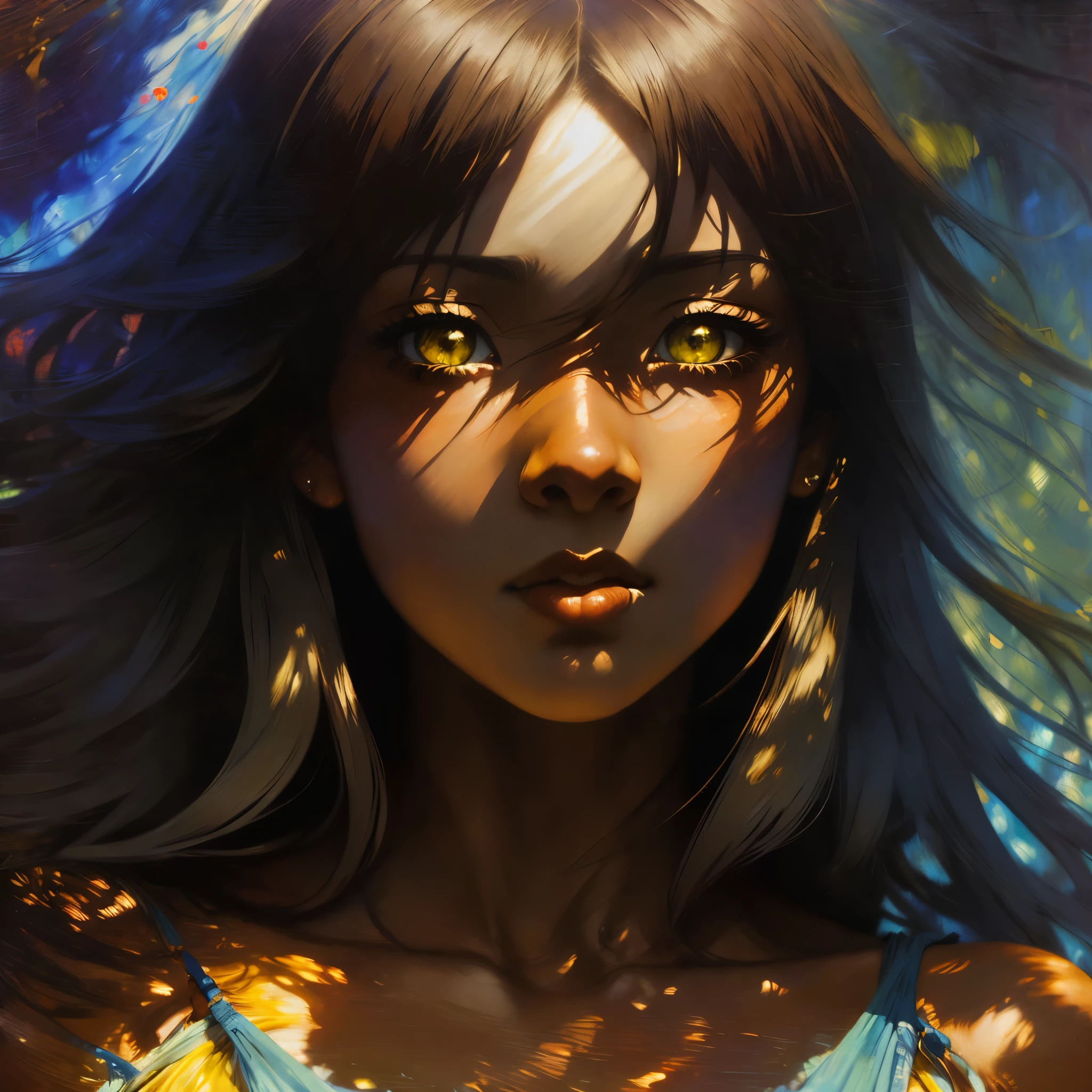 ((Solo Beautiful Carribean woman with dark skin and striking eyes)), shadowed interior background, art by akihiko yoshida, manga art style, colorfield illustration, scary atmosphere, global illumination, by frank frazetta, art by goro fujita, glamor shot, banner, blur, anime key visual, (blue, yellow and gray colors), photorealistic dramatic anime girl, intricately detailed, chiaroscuro, pino daeni, impressionist (best quality, masterpiece)