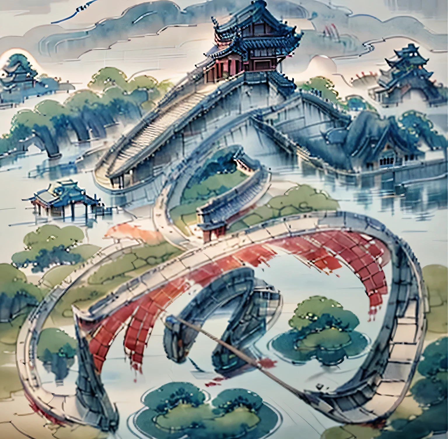 (Depth of field effect) (孤岛上的中国古buliding群), (pylons,buliding) (kiosk, Miscellaneous trees, ​​clouds, green trees, maple trees, red trees.Small stones, kotori), chinese watercolor style, (chinese paintings风格), Chinese landscape, traditional Chinese watercolor painting, chinese paintings, Watercolor 8K, (rethink), clear boundaries between light and shadows, light and shadows, light and shadow effect, tmasterpiece, super detailing, Epic work, hyper HD, high qulity, The is very detailed, offcial art, Unity8k wallpapers, super detailing, lightand shade contrast.