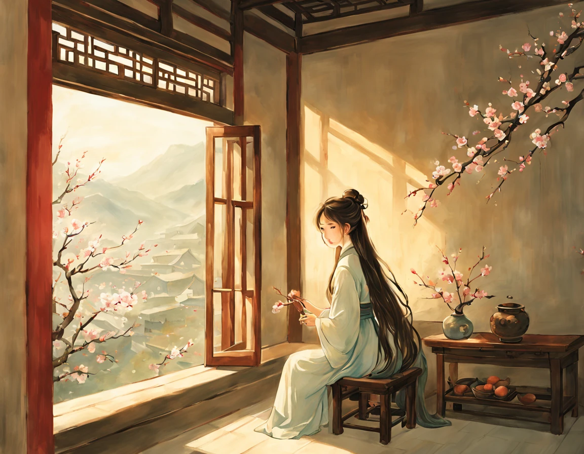 painting of ancient china, there is a back of a young girl sitting in a room in an ancient china house, the young girl has long flowing hair, she is happily looking out of the window and holding a branch of apricot blossom in her hand, calming atmosphere, peaceful, soft, spring, apricot blossom outside the window, only 1 girl in the picture