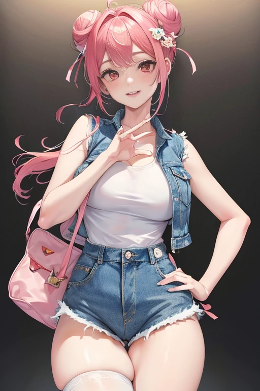 tmasterpiece、Need、1 female student、White cloth bun bun bun、Shoulder leakage、The chest is large、chubbiness、Smile、pale pink lip、posing on a，legs are open， 独奏,denim short， denim vest，looking at viewert,  (Thigh thick:1.0),Yazawa Nico,red eyes, face flushed,Blunt hair,both hands on hip，[Wide buttock]，greet，Flower headdresackpacks