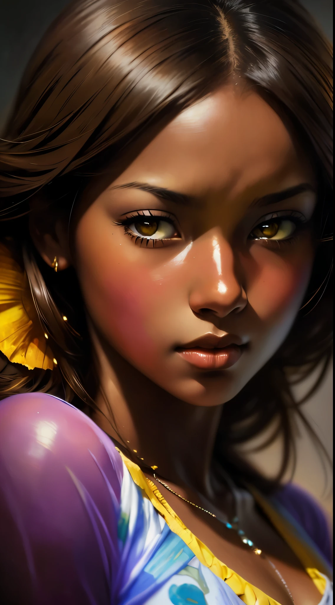 ((Solo Beautiful Carribean woman with dark skin and striking eyes)), shadowed interior background, art by akihiko yoshida, manga art style, colorfield illustration, scary atmosphere, global illumination, by frank frazetta, art by goro fujita, glamor shot, banner, blur, anime key visual, (blue, yellow and gray colors), photorealistic dramatic anime girl, intricately detailed, chiaroscuro, pino daeni, impressionist (best quality, masterpiece)