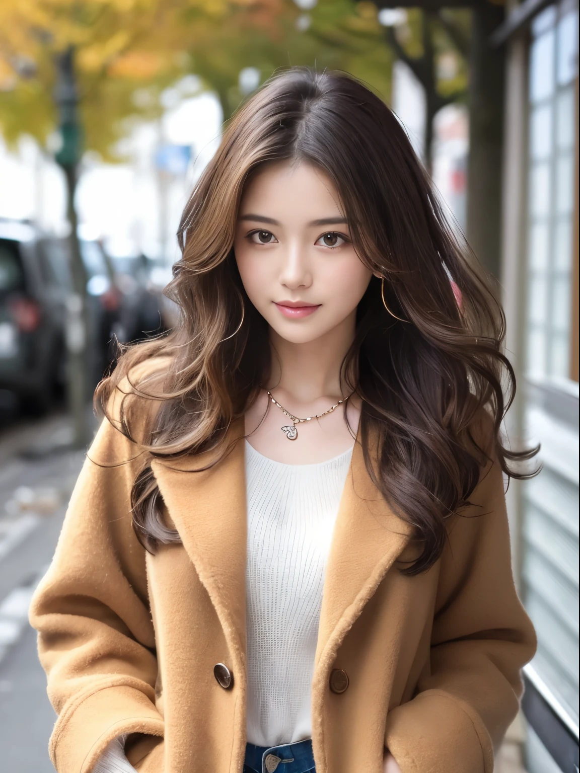 best qualtiy,超A high resolution,RAW photogr,1girl in,Loose perm hair、dark brown hair、japanes、Loose perm hair、smil、professional photograpy、Same skin type as Humanra in the background、Draws faithfully to anatomy、Very detailed and beautiful、Ultra-high image quality、Hair swaying and sexy、Very detailed beautiful girl、head to waist、耳环、a necklace、head to waist.Twinkle、ロングcoat、coat、Winters