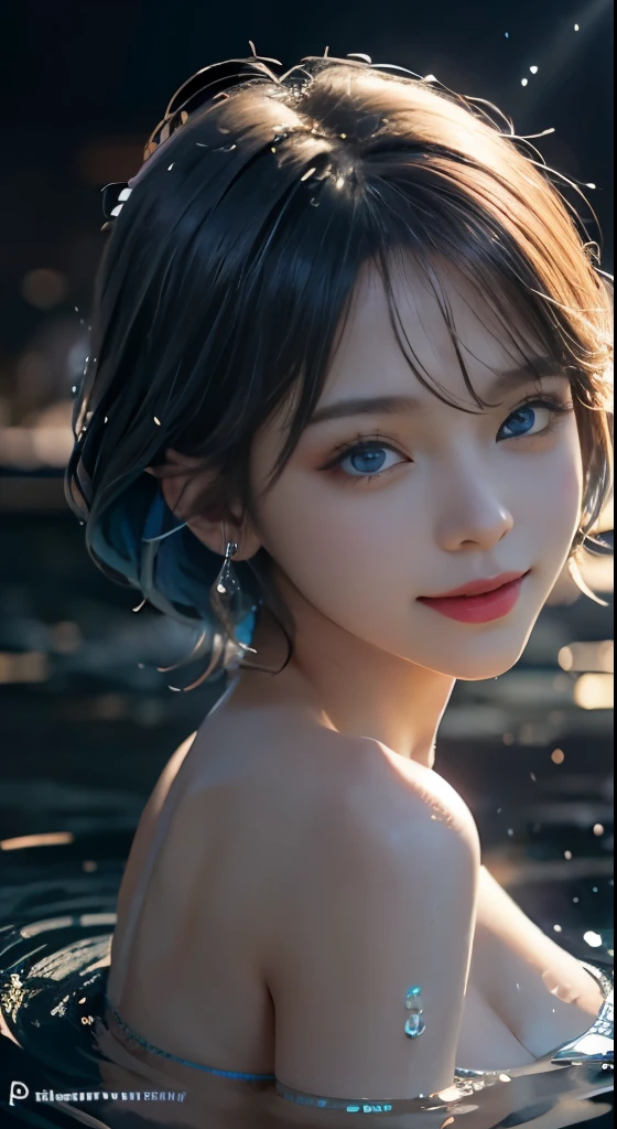 (Front focus), (In the darkness of the night: 1.6), closeup of face, 1 girl, girl with short hair floating in the water、Photographic realism, 动态照明, art stations, Volumetriclighting, Very detailed faces, 4K, 1 girl,There is one by the sea,Kneel in the water,Watch from behind(lookingat),facing at the camera,Look at yours,The sun is good,Rainbow light,Very shy,smilingly,灿烂的smilingly容,having fun,Depth shadows, low pitch, cow boy shooting, blue hairs,Good looking hairstyle,exquisite and beautiful face,wear beautiful earrings,Meticulous hands,Thin fingers,The skin is super delicate,huge tit job,blue colored eyes,Golden ratio chart,Wearing a see-through micro bikini,Clear public areas,突出的Clear public areas可见,Wet legs,Play in the water by the sea,low angle shot,glistning skin,There is also an unknown milky white liquid dripping on the face,attractive smile