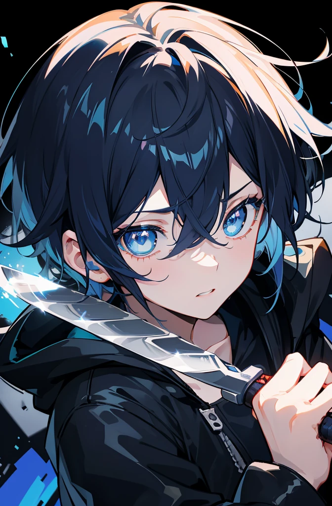 Reliance on black background、Particles of light、chromatic abberation、(One Boy:1.3)、A dark-haired、(Blue Jacket Hood)、(blue eyess:1.6)、Works with a vivid texture、(hair messy:1.2)、short-hair、(Boy fighting with a knife:1.3)、青いdaggersを持つ少年、Blue knife、daggers、Colorful portrait、Dynamic Pose