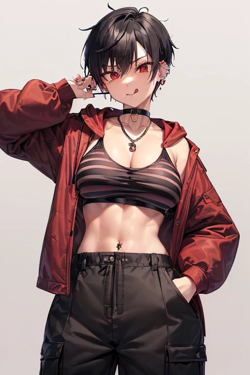 ((thin-waist、abdominals))、de pele branca、((huge udder))、((khaki hooded coat、Red and black horizontal striped shirt、short-hair、Black hair with red mesh、hair pin、Red cheeks、sticking out the tongue、a choker、piercings、Chain Necklace、Black Cargo Pants、Tomboy、ahe face))