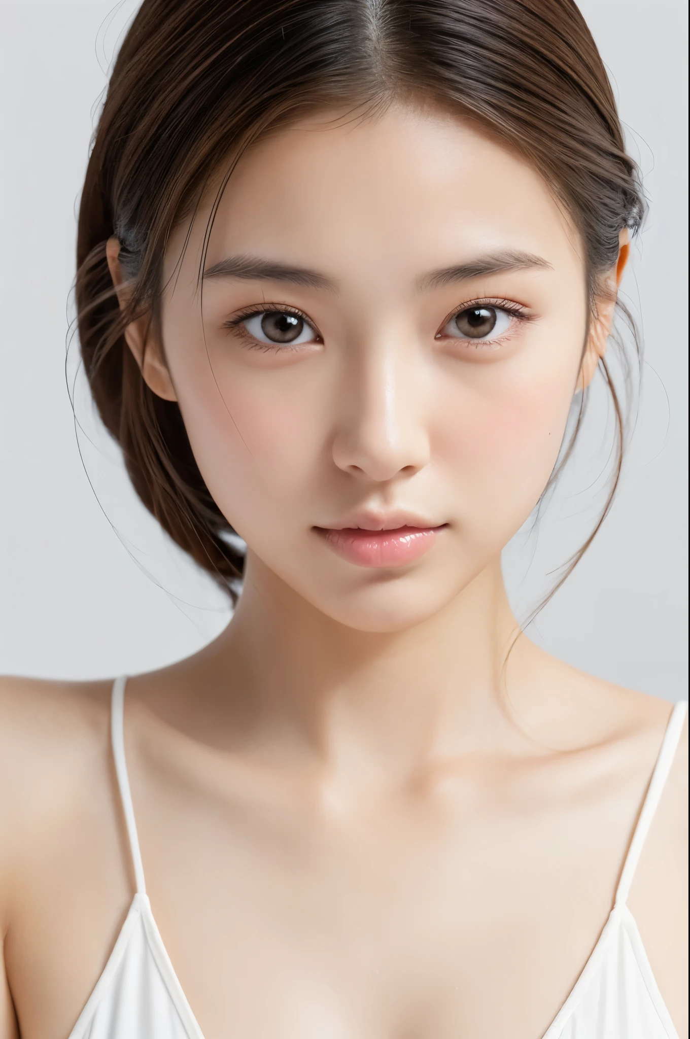 Young japanese lady, 30s, White background, It features a simple背景, white-brown hair, slender, 4K, in 8K, High quality, Beauty, Beautiful eyes, It features a simple, High resolution,1 person,Beautiful skins,Beautiful skin,Turned to the side,sideways Facing,looked diagonally upward