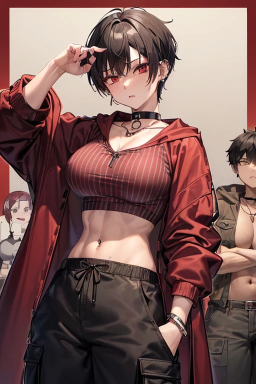 ((thin-waist、abdominals))、de pele branca、((huge udder))、((khaki hooded coat、Red and black horizontal striped shirt、short-hair、Black hair with red mesh、hair pin、Red cheeks、a choker、piercings、Chain Necklace、Black Cargo Pants、Tomboy、ahe face))