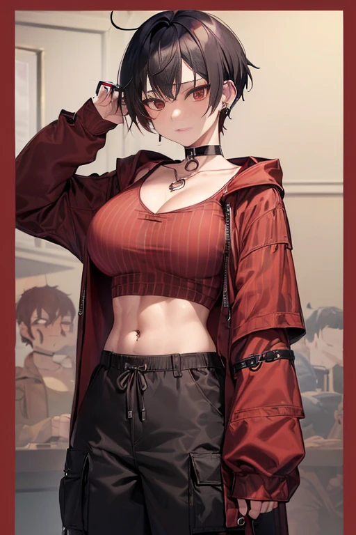 ((thin-waist、abdominals))、de pele branca、((huge udder))、((khaki hooded coat、Red and black horizontal striped shirt、short-hair、Black hair with red mesh、hair pin、Red cheeks、a choker、piercings、Chain Necklace、Black Cargo Pants、Tomboy、ahe face))