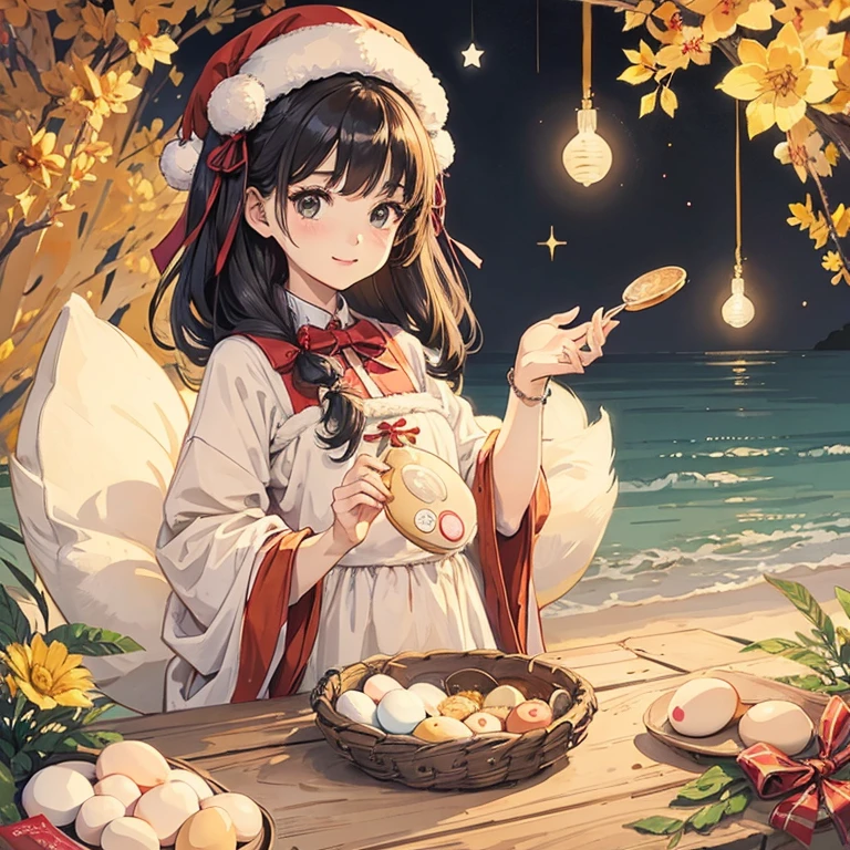 Draw an illustration，girl with coins and eggs，There is a New Year&#39;s Day festive atmosphere
