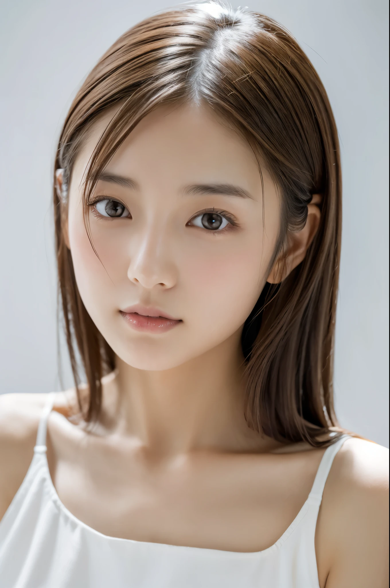 Young japanese lady, 30s, White background, It features a simple背景, white-brown hair, slender, 4K, in 8K, High quality, Beauty, Beautiful eyes, It features a simple, High resolution,1 person,Beautiful skins,Beautiful skin,Turned to the side,sideways Facing