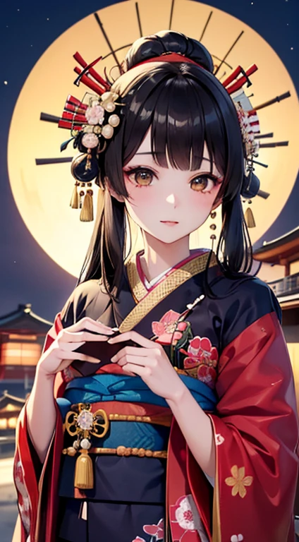 (花魁:1.4)、1girl in,Black hair fringe long hair、Braided hair、disheveled hair、Light brown eyes extraordinary beauty)、(dignified expression)、(Traditional kimono with colorful and shiny luxury Japan:1.4)、(:1.4)、(Photorealsitic)、(intricate detailes:1.2)、(​masterpiece、:1.3)、(top-quality:1.4)、(超A high resolution:1.2)、超A high resolution、(A detailed eye)、(detailed facial features)、Wearing kimono_great night of clothes:1.4)、cherry tree moon、Five-storied Pagoda、Japan Temple