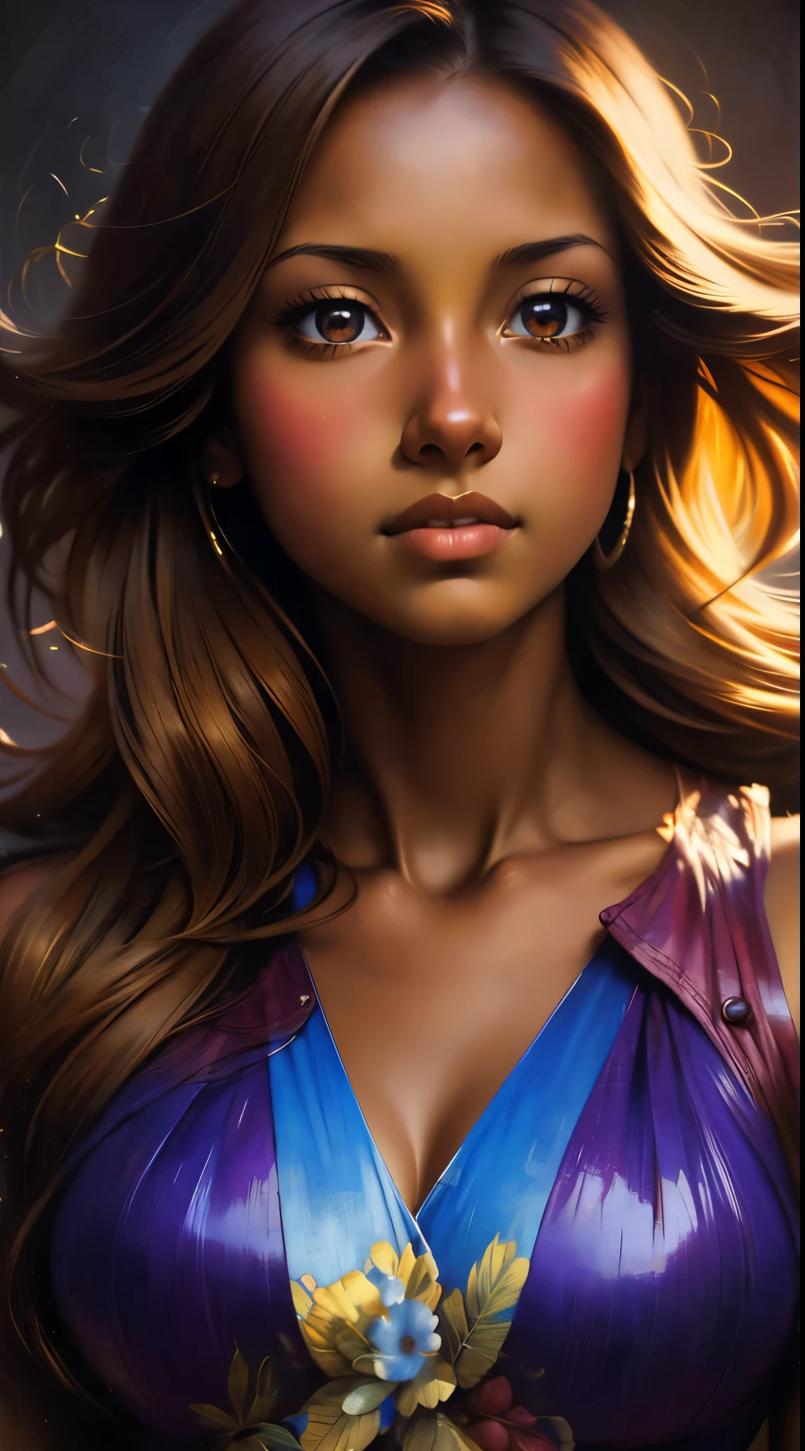 ((Solo Beautiful Carribean woman with dark skin and striking eyes)), shadowed interior background, art by akihiko yoshida, manga art style, colorfield illustration, scary atmosphere, global illumination, by frank frazetta, art by goro fujita, glamor shot, banner, blur, anime key visual, (blue, yellow and gray colors), photorealistic dramatic anime girl, intricately detailed, chiaroscuro, pino daeni, impressionist (best quality, masterpiece)