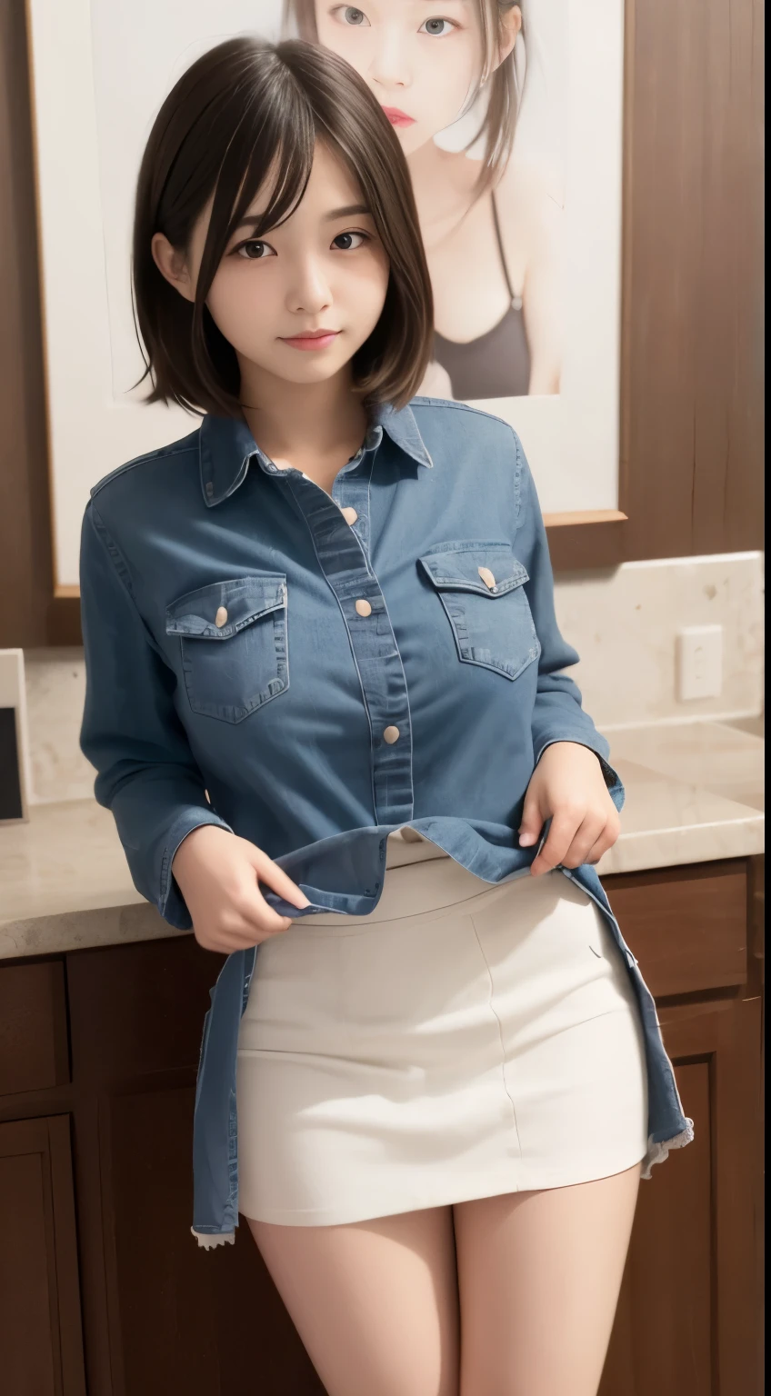 NFSW, Incredibly absurd, Beautiful and cute Japanese girl with a realistic face, Showcasing the highest quality craftsmanship, Her slender frame is adorned with a short length, hair messy, Artwork high resolution, Allows you to perfectly capture ultra-detailed features, girl painted naked, The focus is on the real eyes, Expressing a smile and embarrassment, ((Breasts out)), huge-breasted, ((skirt by the)), Overshirt,