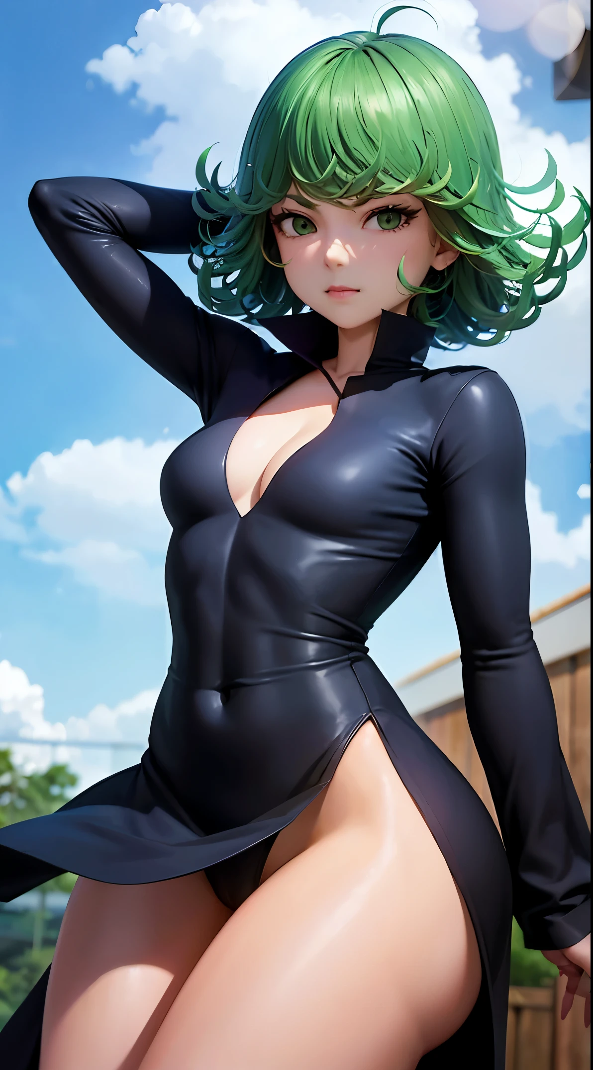 (masterpiece, best quality:1.2), cowboy shot, solo, 1girl, tatsumaki, lustful, closed mouth, looking at the viewer, ass, wide hips, black dress, blue sky, clouds, erotica, lots of erotica