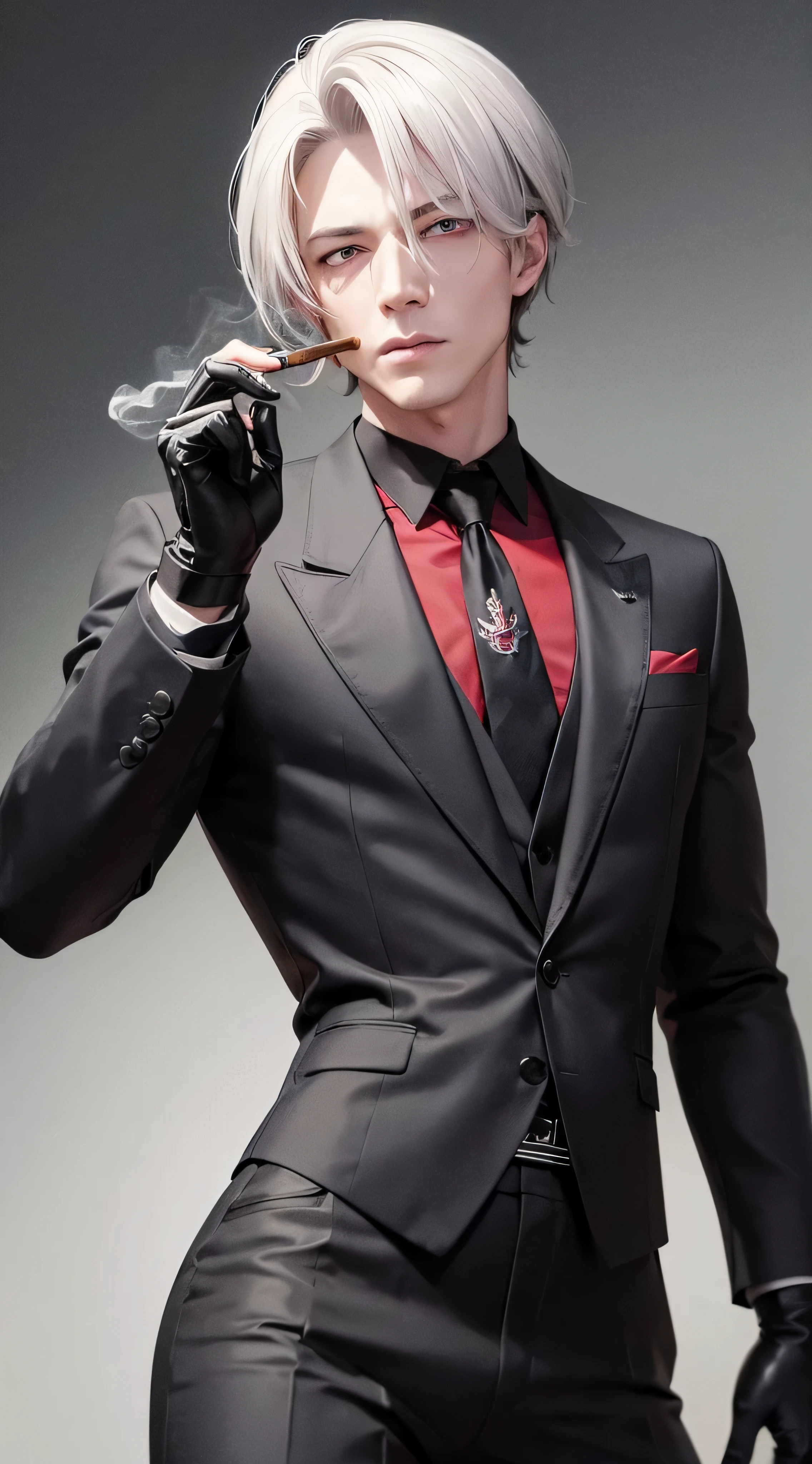 8k, high resolution, masterpiece, illustration, extreme details, male, fully clothed, black suit and tie, black pants, fishnet gloves, gray swept back hair, adult, mature, serious expression, smoking cigar, red eyes