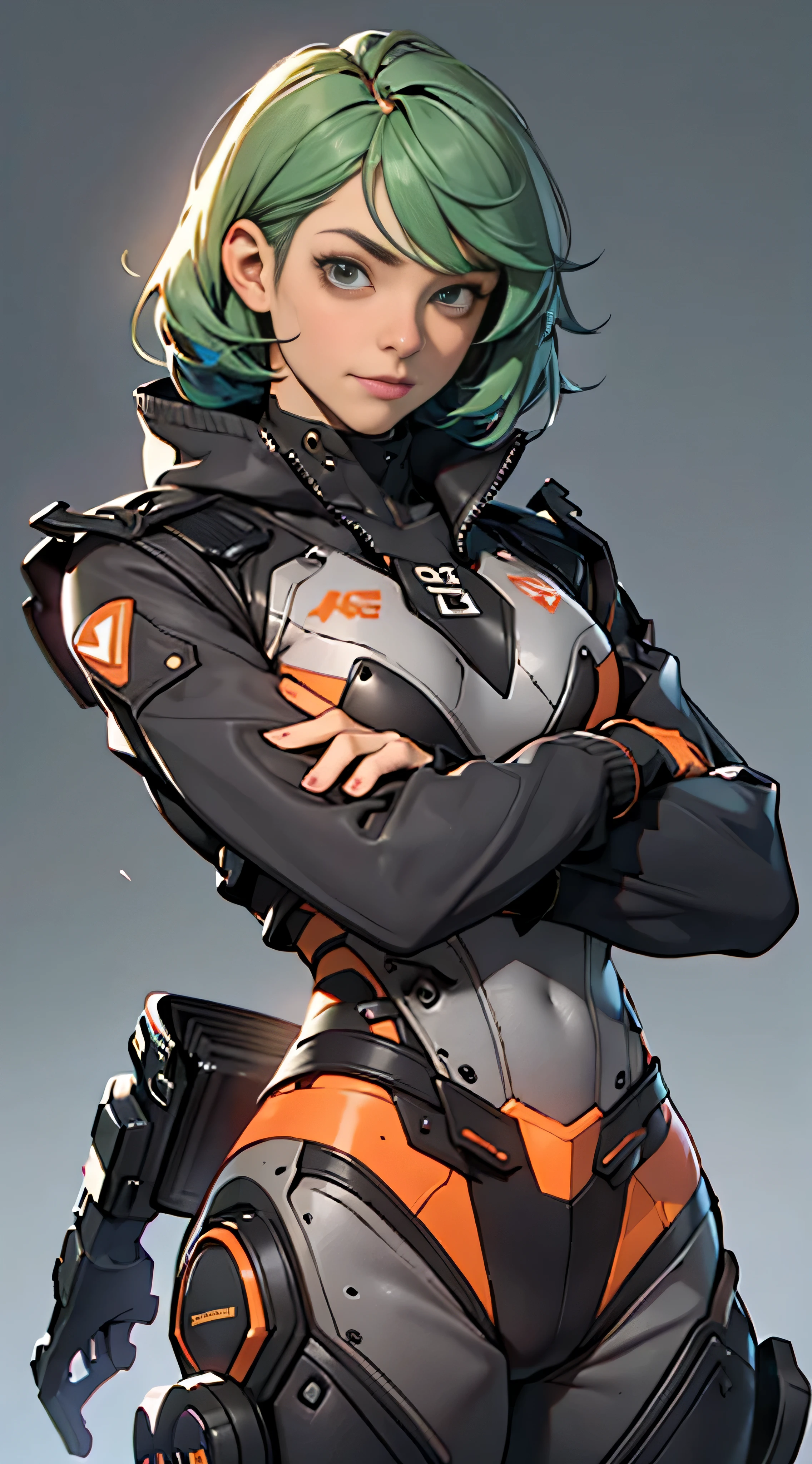 11:23(((Best quality: 1.4))),(Unbeatable masterpiece), (hyper HD),(Hyper-realistic 8k CG)、(Light green hair),(Cross your hands at your waist),(looks into camera), ((( body))), (((1 girl in))), 25-year-old American soldier with perfect body,,Beautiful and well groomed face,muscular body:1.2,Solid royal blue jacket with details, (Pictures from head to thighs), Complex equipment,Orange coat,long trousers,The clothes inside are gray,Clothes with metal electronic parts,Tech Armor )