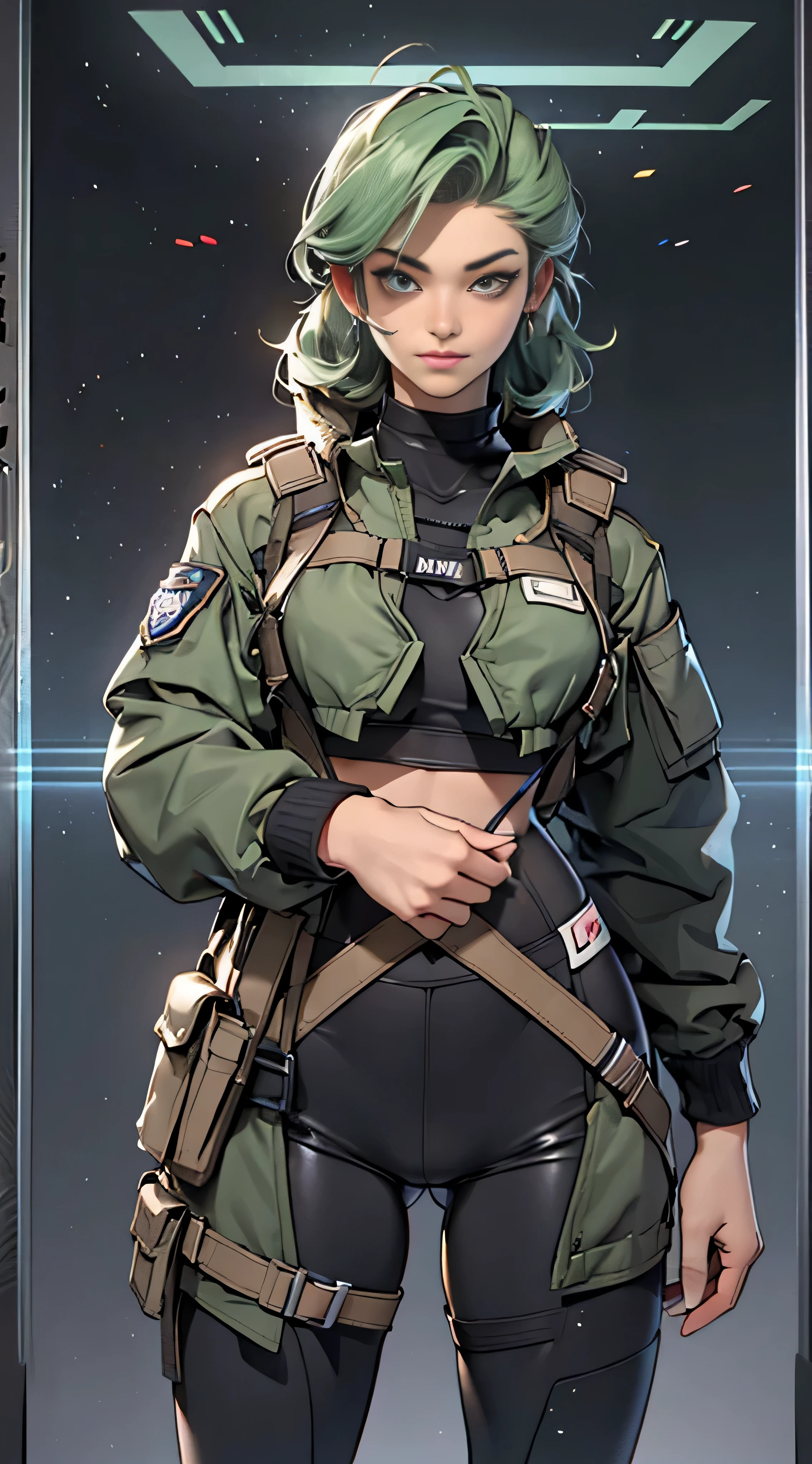 11:23(((Best quality: 1.4))),(Unbeatable masterpiece), (hyper HD),(Hyper-realistic 8k CG)、（Light green hair），（Cross your hands at your waist），（looks into camera）， ((( body))), (((1 girl in))), 25-year-old American soldier with perfect body,,Beautiful and well groomed face,muscular body:1.2,Solid royal blue jacket with details, (Pictures from head to thighs)， Complex equipment,Orange coat，long trousers，The clothes inside are gray，Clothes with metal electronic parts,Tech Armor )