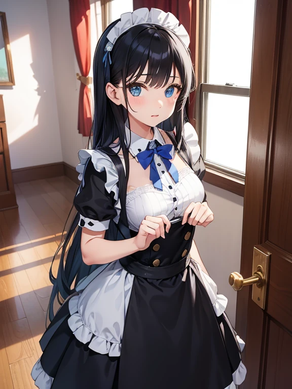 A highschool girl with black hair , blue eyes , fair skin wear maid dress in the house