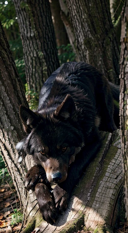A large black wolf sleeping in a tree trunk
