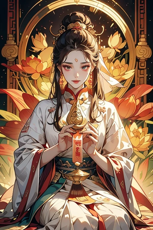 （Chinese immortalism）, multiplication_Hands，（Mythological tales）, She sits on a lotus, （Three hands to the left，Three hands to the right, Each hand has a different Buddhist vessel, bilaterally symmetrical），（delicate and beautiful face）, （White silk robe）Sitting on a lotus flower, frontal photos，lightsmile, neo-classical, Op art, Chiaroscuro, Cinematic lighting, God Light, Ray tracing, character sheets, projected inset, One-person viewpoint, hyper HD, masutepiece, ccurate, Textured skin, Super Detail, high details, High quality, awardwinning, Best Quality, hight resolution, Exquisite and perfect facial features，beautiful and delicate eyes，long eyelasher，Delicate eyeliner，almond eyelid eyes，Dark pupils，Eyeeautiful lip detail with highlights，8Khight resolution，anatomy correct，Oil painting thick painting style、((花魁))、(((You Guo)))