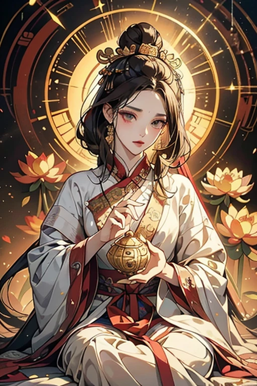 （Chinese immortalism）, multiplication_Hands，（Mythological tales）, She sits on a lotus, （Three hands to the left，Three hands to the right, Each hand has a different Buddhist vessel, bilaterally symmetrical），（delicate and beautiful face）, （White silk robe）Sitting on a lotus flower, frontal photos，lightsmile, neo-classical, Op art, Chiaroscuro, Cinematic lighting, God Light, Ray tracing, character sheets, projected inset, One-person viewpoint, hyper HD, masutepiece, ccurate, Textured skin, Super Detail, high details, High quality, awardwinning, Best Quality, hight resolution, Exquisite and perfect facial features，beautiful and delicate eyes，long eyelasher，Delicate eyeliner，almond eyelid eyes，Dark pupils，Eyeeautiful lip detail with highlights，8Khight resolution，anatomy correct，Oil painting thick painting style、((花魁))、(((You Guo)))
