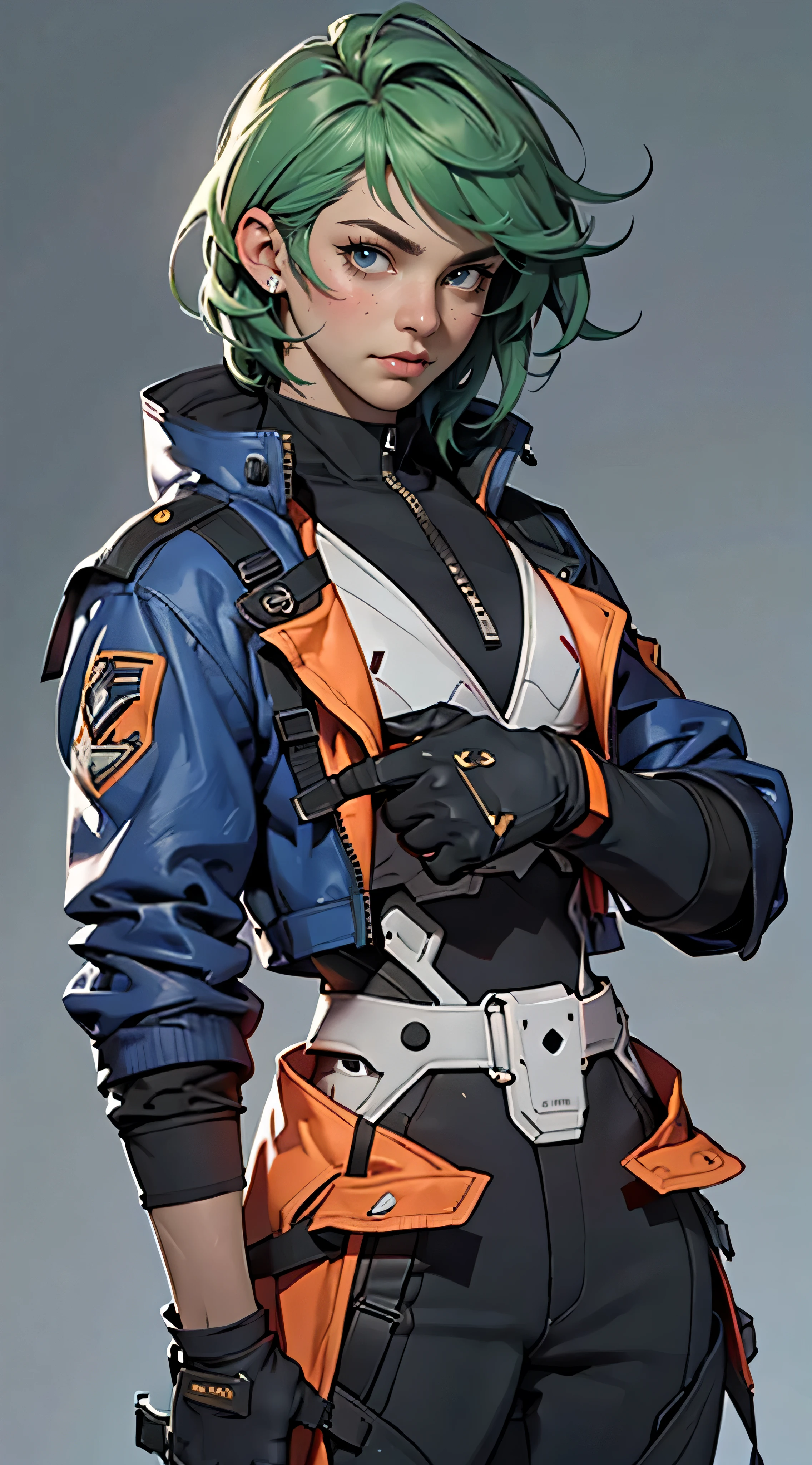 11:23(((Best quality: 1.4))),(Unbeatable masterpiece), (hyper HD),(Hyper-realistic 8k CG)、(Light green hair),(Cross your hands at your waist),(looks into camera), ((( body))), (((1 girl in))), 25-year-old American soldier with perfect body,,Beautiful and well groomed face,muscular body:1.2,Solid royal blue jacket with details, (Pictures from head to thighs), Complex equipment,Orange coat,long trousers,The clothes inside are gray,Clothes with metal electronic parts,Tech Armor )