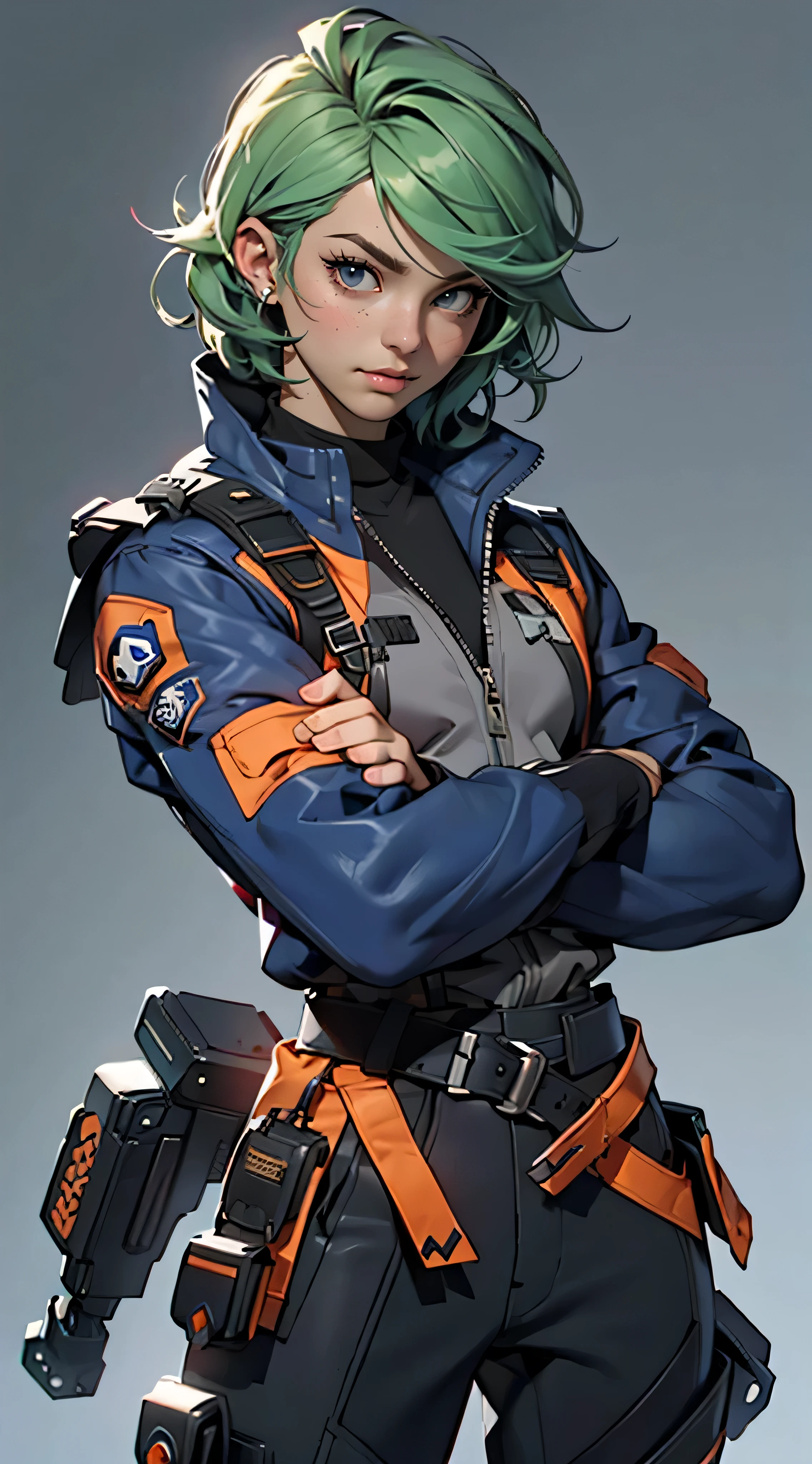 11:23(((Best quality: 1.4))),(Unbeatable masterpiece), (hyper HD),(Hyper-realistic 8k CG)、（Light green hair），（Cross your hands at your waist），（looks into camera）， ((( body))), (((1 girl in))), 25-year-old American soldier with perfect body,,Beautiful and well groomed face,muscular body:1.2,Solid royal blue jacket with details, (Pictures from head to thighs)， Complex equipment,Orange coat，long trousers，The clothes inside are gray，Clothes with metal electronic parts,Tech Armor )
