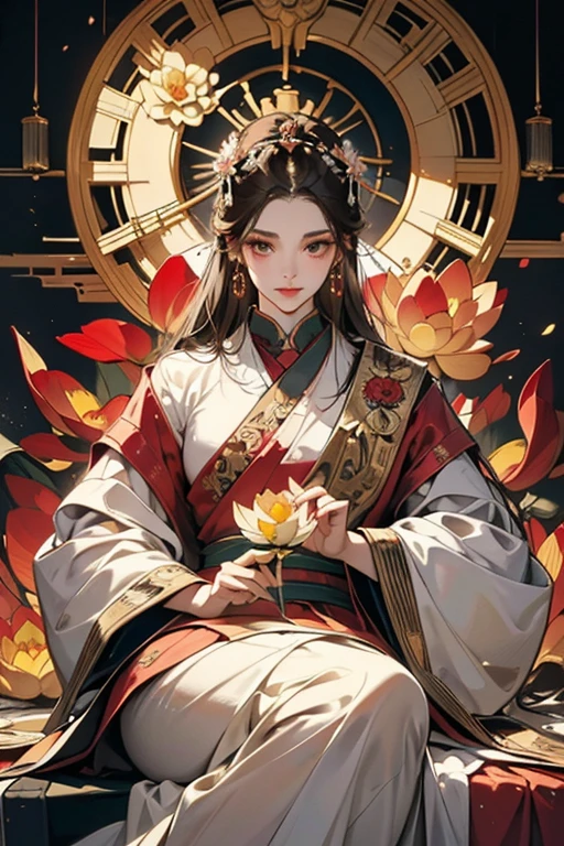(Chinese immortalism), multiplication_Hands,(Mythological tales), She sits on a lotus, (Three hands to the left,Three hands to the right, Each hand has a different Buddhist vessel, bilaterally symmetrical),(delicate and beautiful face), (White silk robe)Sitting on a lotus flower, frontal photos,lightsmile, neo-classical, Op art, Chiaroscuro, Cinematic lighting, God Light, Ray tracing, character sheets, projected inset, One-person viewpoint, hyper HD, masutepiece, ccurate, Textured skin, Super Detail, high details, High quality, awardwinning, Best Quality, hight resolution, Exquisite and perfect facial features,beautiful and delicate eyes,long eyelasher,Delicate eyeliner,almond eyelid eyes,Dark pupils,Eyeeautiful lip detail with highlights,8Khight resolution,anatomy correct,Oil painting thick painting style、((花魁))、(((You Guo)))