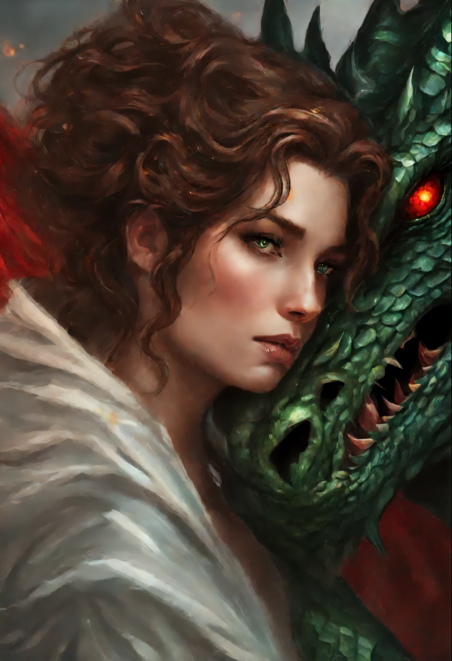 close-up of a woman with brown curls and green eyes, facing the red metal dragon, epic fantasy art style, dark fantasy style art, portrait of fin wildcloak, detailed fanart, Fantasy genre portrait, epic fantasy art portrait, graphic artist magali villeneuve, fantasy male portrait, The Man with the Soul of a Dragon, epic fantasy style art, epic fantasy digital art style