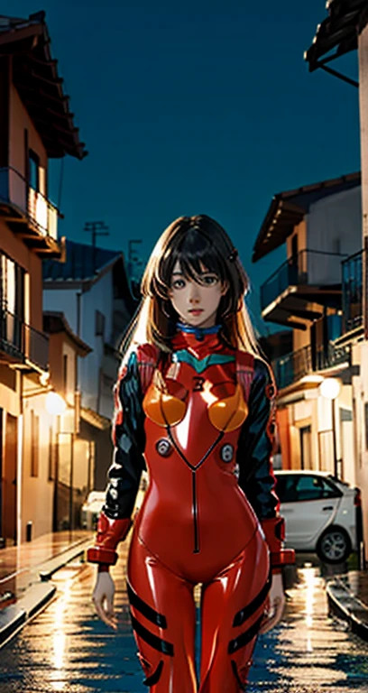 La mejor calidad, Obra maestra, realista, photorealista, 1girl, solamente, Mirando al espectador, cuerpo completo, En pie, Cabello largo, disfraz de asuka, , traje de enchufe, bodysuit, adorno para el cabello, Antecedentes detallados, en la calle, Noche, luz, lluvia,