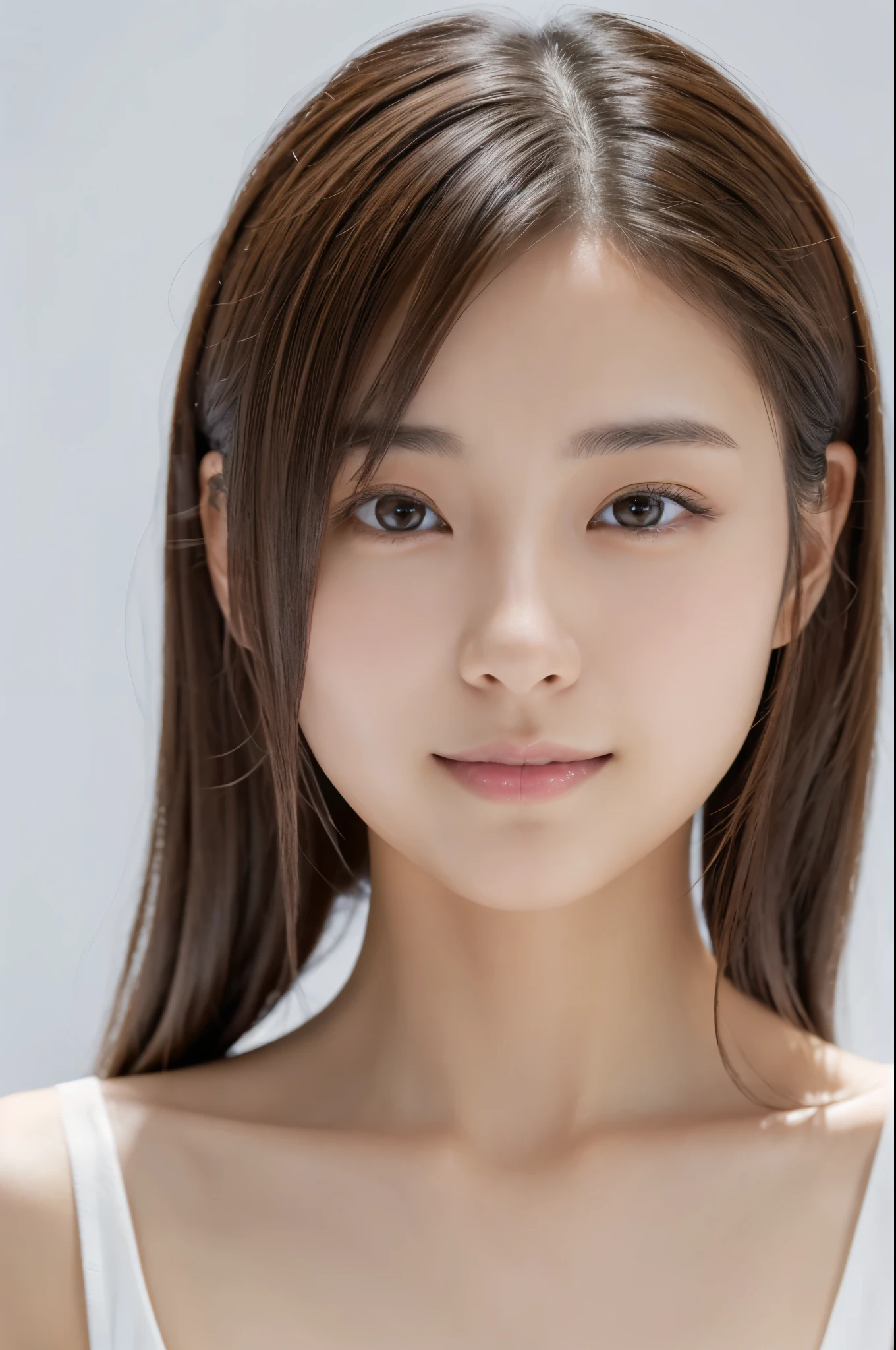 Young japanese lady, 30s, White background, It features a simple背景, white-brown hair, slender, 4K, in 8K, High quality, Beauty, Beautiful eyes, It features a simple, High resolution,1 person,Beautiful skins,Beautiful skin,lipsticks,A slight smil