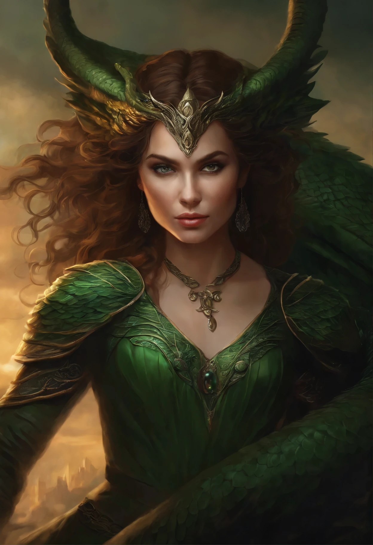 close-up of a woman with brown curls and green eyes, facing the dragon, epic fantasy art style, dark fantasy style art, portrait of fin wildcloak, detailed fanart, Fantasy genre portrait, epic fantasy art portrait, graphic artist magali villeneuve, fantasy male portrait, The Man with the Soul of a Dragon, epic fantasy style art, epic fantasy digital art style