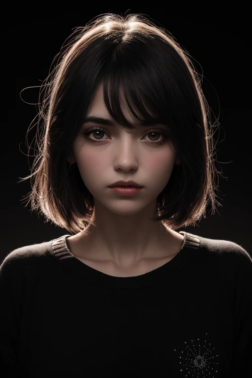 1girl, Ojo de estrella, sonrojarse, perfect ilumination, Pelo rojo, ojos rojos, Motor irreal, sidelit, Cara detallada, flequillo, piel brillante, fondo, dark fondo,