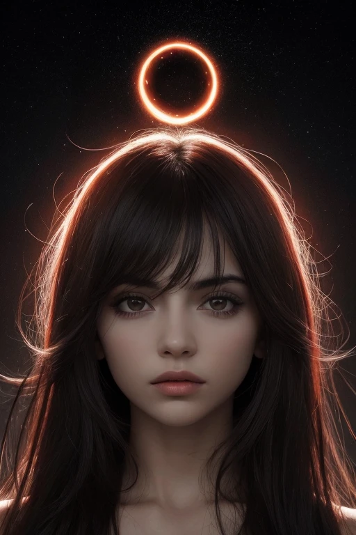 1girl, Ojo de estrella, sonrojarse, perfect ilumination, Pelo rojo, ojos rojos, Motor irreal, sidelit, Cara detallada, flequillo, piel brillante, fondo, dark fondo,