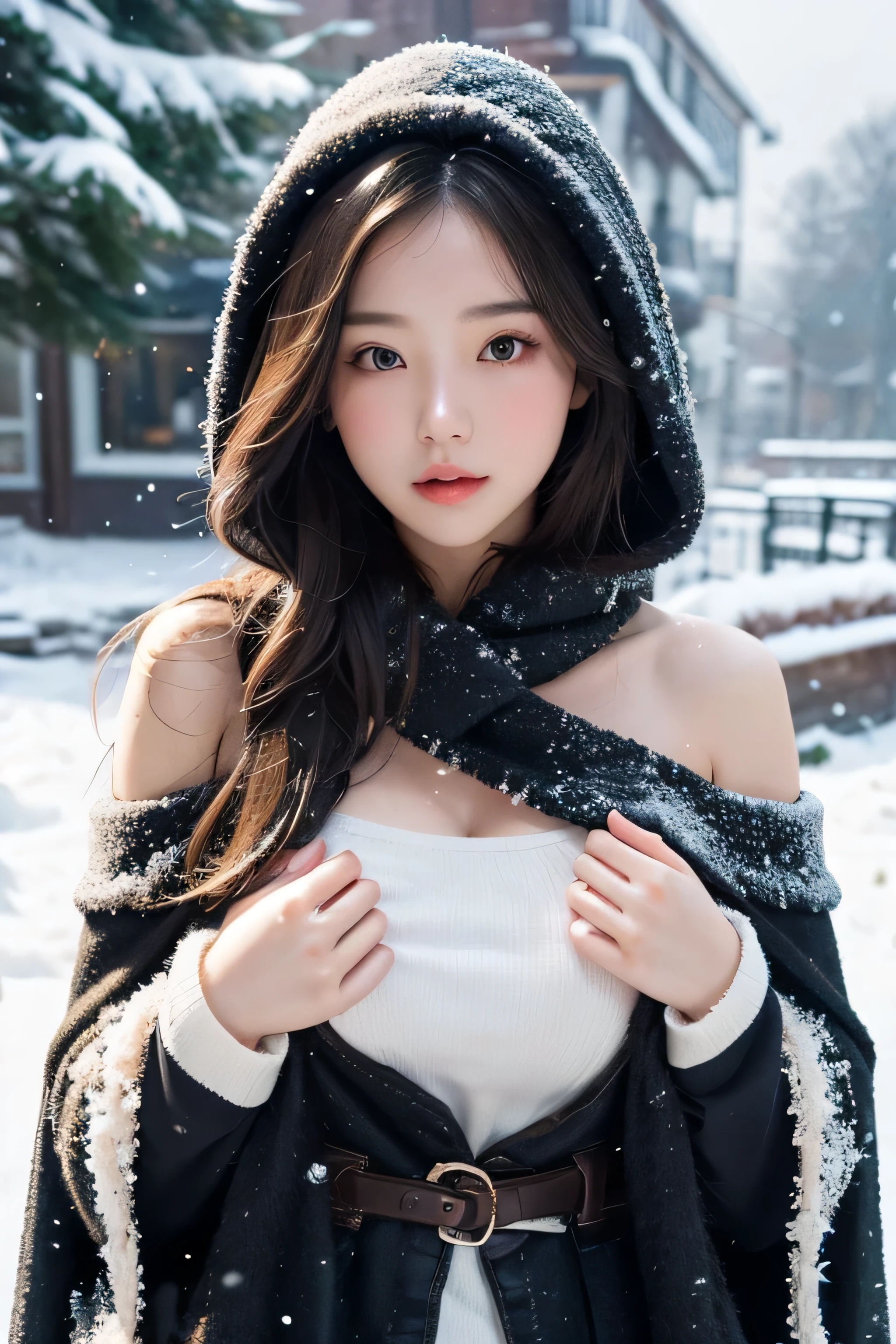 The girl covered her chest with her hands, Strategically cover the chest,medium booover your chest with your fingerew clothes,Bare shoulders,outside,Heavy snowfall,Thick fur cape,Cover with snow