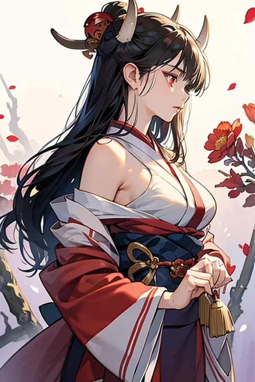 (masterpiece:1.2, best quality), (exquisite eyes: 1.2), ((1girl)), ((solo)), (red eyes:1.4), (exquisite eyes and exquisite face:1.3), ( beautiful and clear background: 1.2), (extremely detailed CG, super detailed, best shadows: 1.1), ((depth of field)), ((watercolor)), (oni: 1.5), (kimono: 1.3), big boobs , Bare Shoulders, Flowers and Petals, Beautiful Concept Art, (White Background: 0.5), (Illustration: 1.1), (Extremely Delicate: 1.1), (Perfect Details: 1.1), Profile, Cowboy Shot,