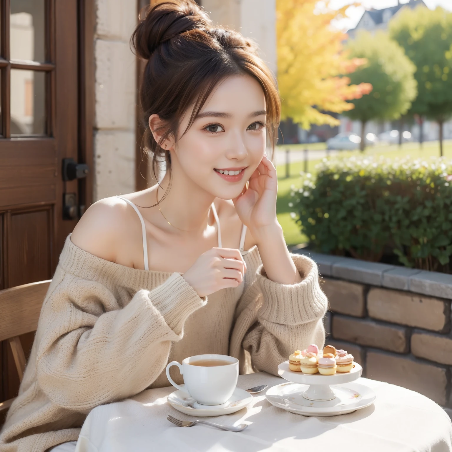 (art by: Cute:1.5), Daytime in autumn  , 1 person only , Cute woman smiling with teeth showing, Hair color is brown , Hair up to the shoulders,  Long sleeve clothes in tartan check、Outside a medieval European-style café , tea parties、a cake、 macaroons、donut、Cookie shortage tea、cute little、Cute 、Dolce、fluffly、Dolce、Pale shades