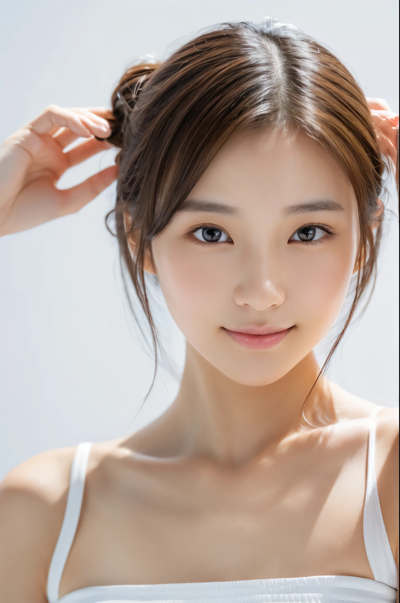 Young japanese lady, 30s, White background, It features a simple背景, white-brown hair, slender, 4K, in 8K, High quality, Beauty, Beautiful eyes, It features a simple, High resolution,1 person,Beautiful skins,Beautiful skin,a smile,Relaxing,Operating a smartphone