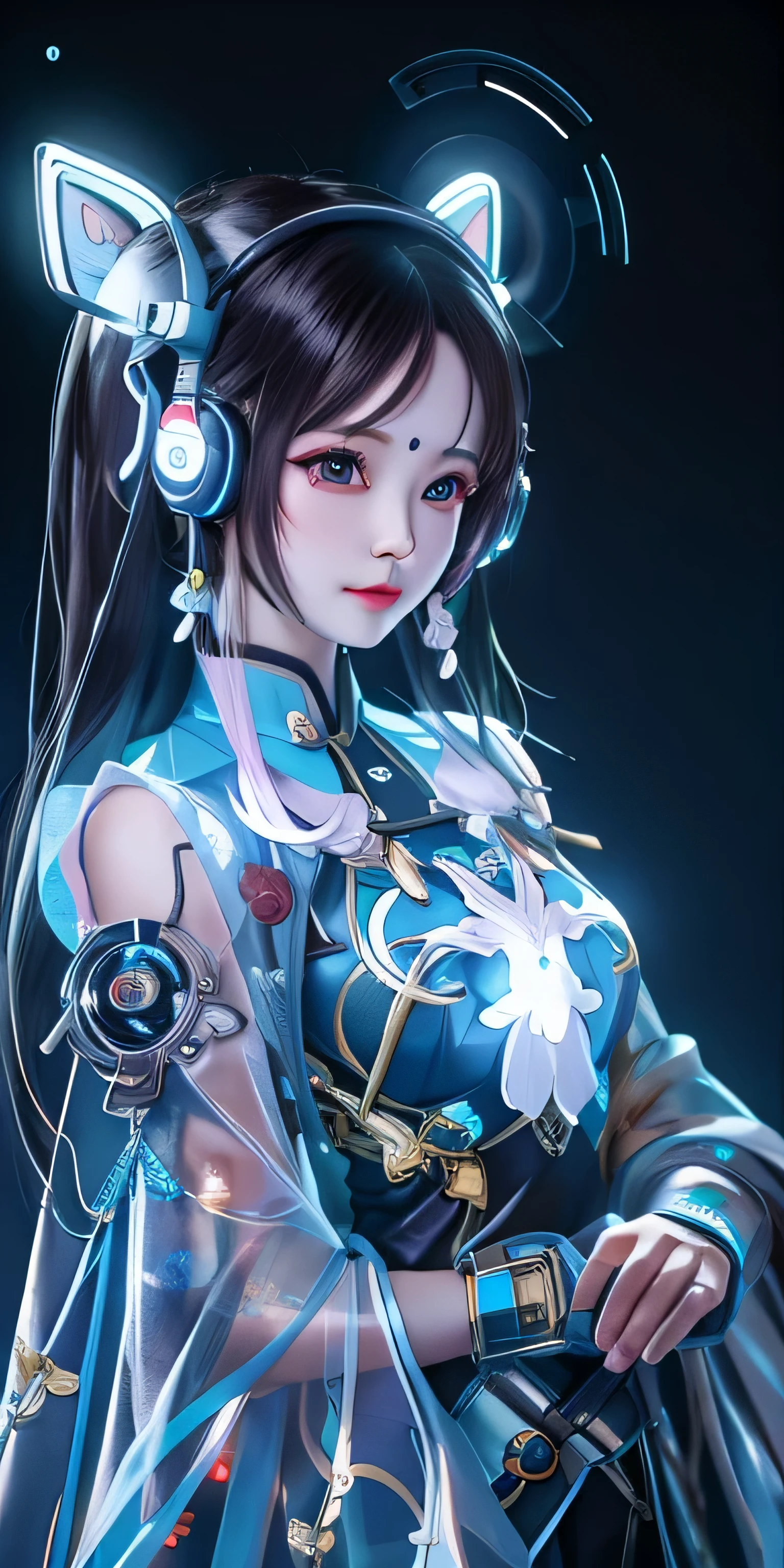 anime girl with glowing ears and headphones holding a cell phone, inspired by Leng Mei, by Yang J, beautiful digital artwork, cute cyborg girl, digital cyberpunk anime art, perfect android girl, inspired by Ai Xuan, digital fantasy art ), beutiful girl cyborg, rossdraws digital painting, beautiful cyborg priestess, 8k high quality detailed art, cyborg girl