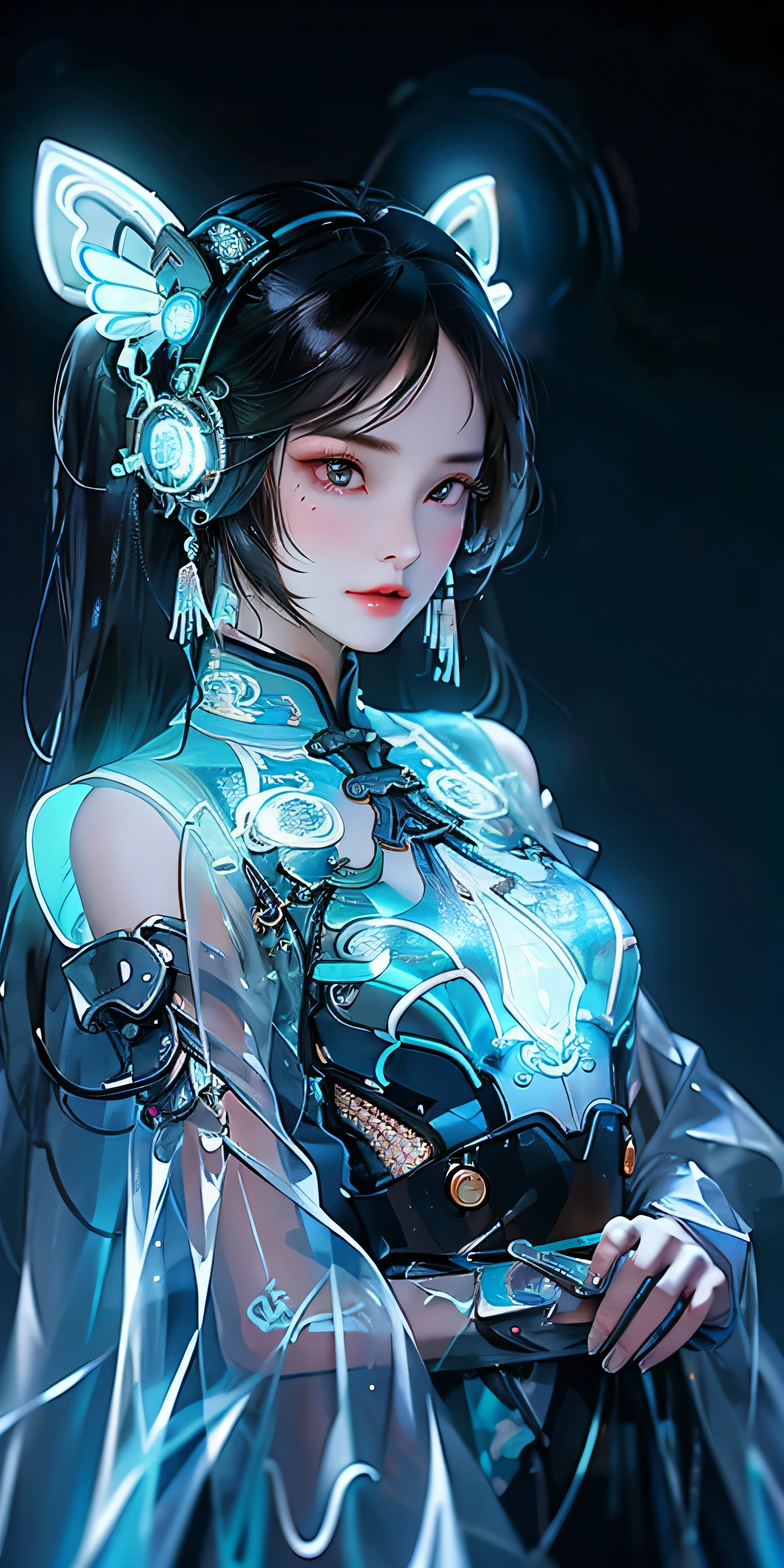 1 girl, Chinese_clothes, liquid silver and orange, cyberhan, cheongsam, cyberpunk city, dynamic pose, detailed luminous headphones, glowing hair accessories, long hair, glowing earrings, glowing necklace, cyberpunk, high-tech city, full of mechanical and futuristic elements, futuristic, technology, glowing neon, orange, orange light, transparent tulle, transparent streamers, laser, digital background  sky, big moon, with vehicles, best quality, masterpiece, 8K, character edge light, Super high detail, high quality, the most beautiful woman in human beings, micro smile, face facing front and left and right symmetry, ear decoration, beautiful pupils, light effects, visual data, silver white hair, super detail facial texture