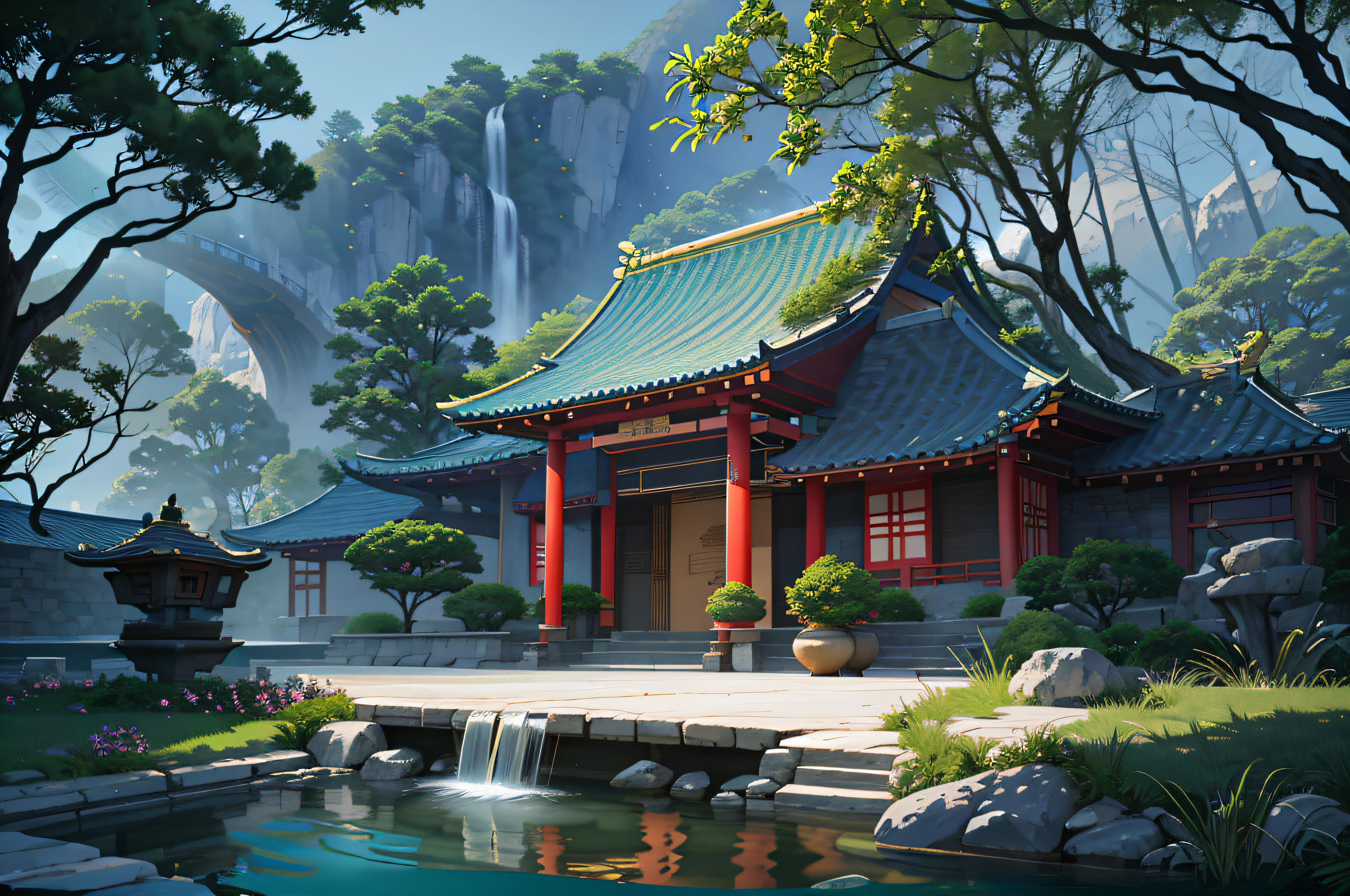 Ancient Chinese architecture, cool colors, dark night, moon, garden, bamboo, lake, stone bridge, rockery, arch, corner, tree, running water, landscape, outdoor, waterfall, grass, rock, dense fog, (Illustration: 1.0) , Epic Composition, HD Details, Masterpiece, Best Quality, (Very Detailed CG Unity 8k Wallpapers) --v 6