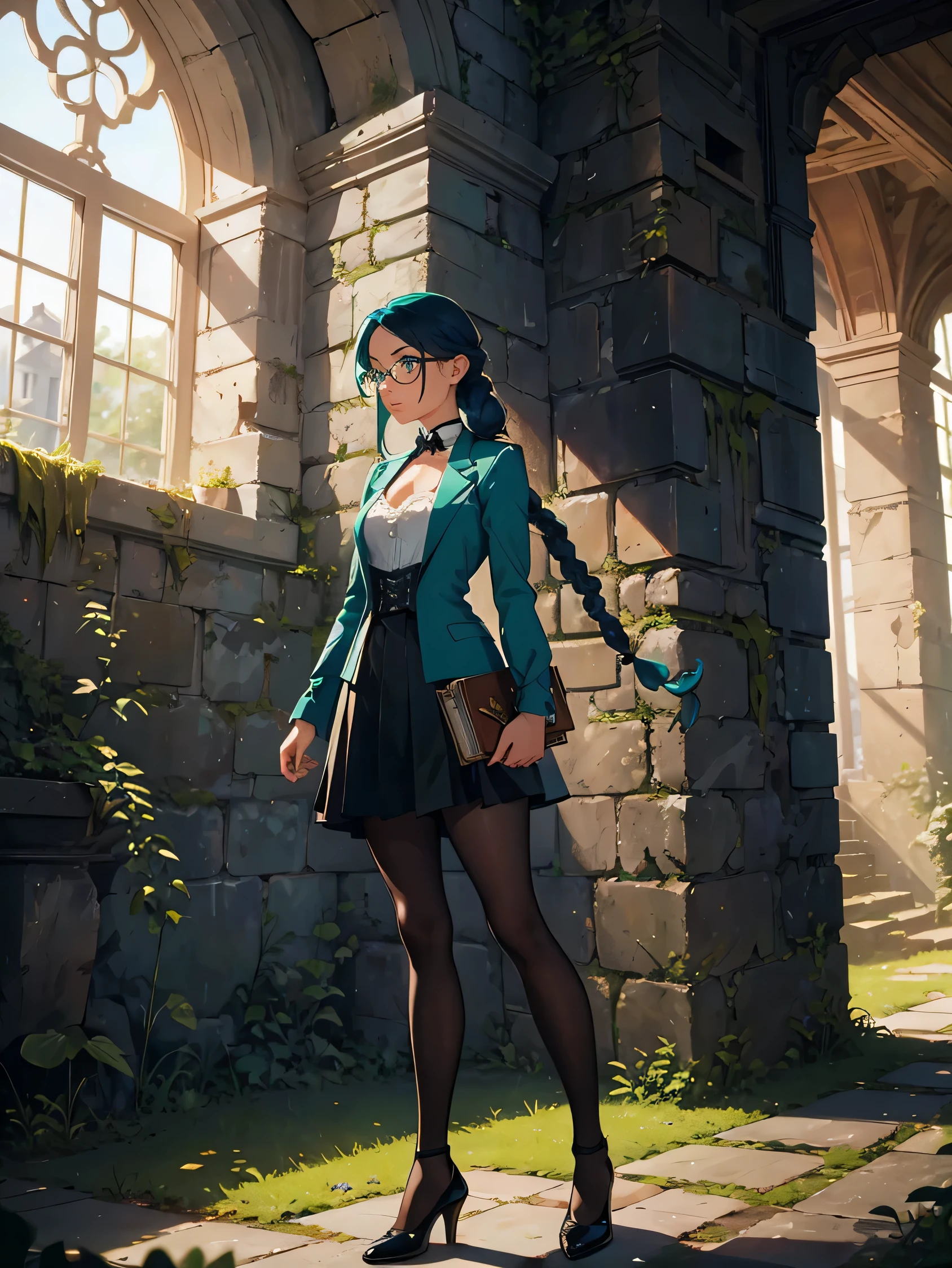 Masterpiece, best quality, (forest), (old castle ruins), overgrowth, 1_woman, full body, looking away from camera, intrigued expression, teal hair, long double hair braids, bright teal hair, diamond shaped eyes, glasses, large_bust, chest window, cleavage, dark blue (Victorian blazer), white halter top blouse, double button breast, dark blue (lolita skirt), silver trim, black tights, brown satchel handing off shoulder, black heels, petite, small waist, perfect hands, holding old thick book, standing inside old castle ruins, inside, cross tie,