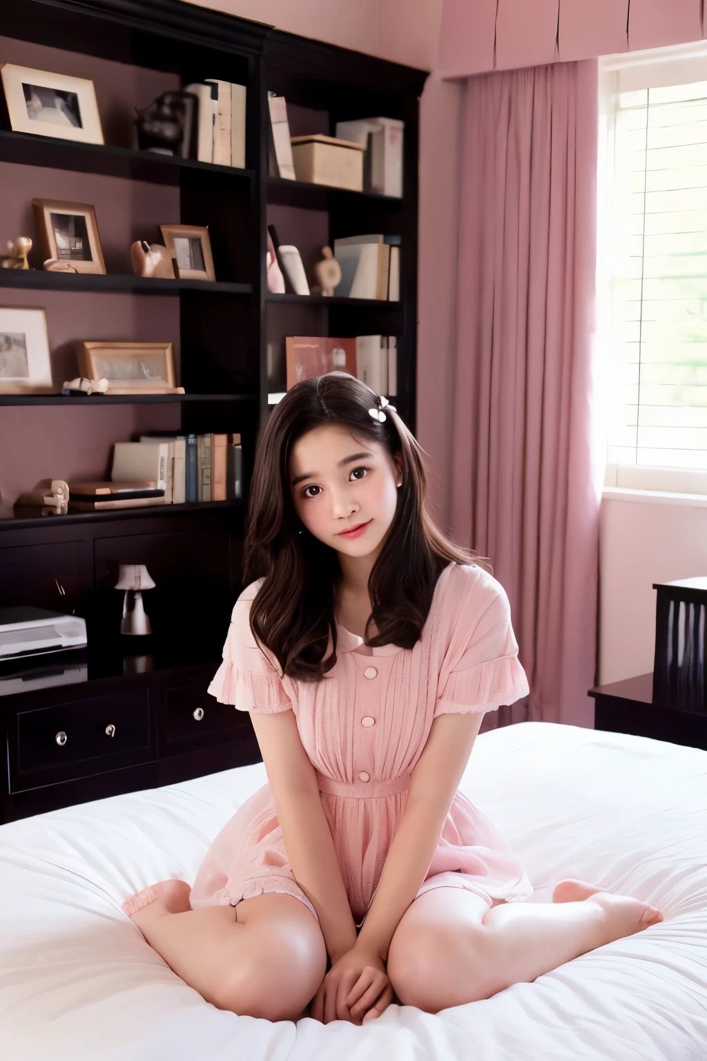 ((Best Quality)),  (Cinematic aesthetics:1.4) 、kawaii、Teen girls、a baby face、childish、eyes large、huge tit、Own room、pink carpet、a bed、Barely enough、Note PC、bookcase、Nuigurumi、kawaii accessories、kawaii interior、Revealing clothing