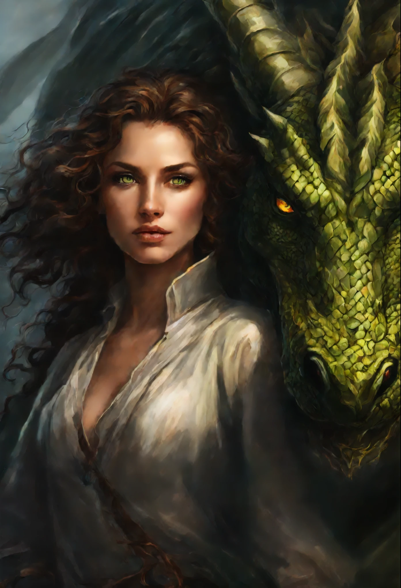 close-up of a woman with brown curls and green eyes, facing the dragon, epic fantasy art style, dark fantasy style art, portrait of fin wildcloak, detailed fanart, Fantasy genre portrait, epic fantasy art portrait, graphic artist magali villeneuve, fantasy male portrait, The Man with the Soul of a Dragon, epic fantasy style art, epic fantasy digital art style