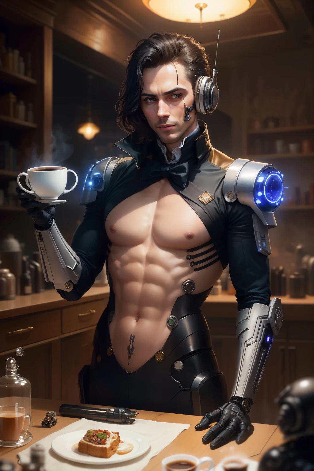 ((Best quality at best)), ((tmasterpiece)), (detailed), （Dissection is correct），droid，Cyberpunk style，Mechanical butler，Black Deacon，In the study，ellegance，With a cup of coffee，Ready to serve the master，