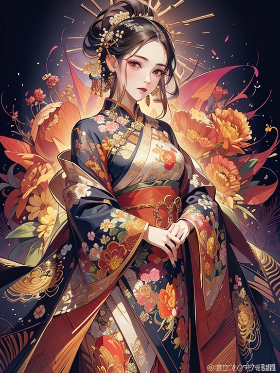 (masterpiece, top quality, best quality, official art, beautiful and aesthetic:1.2), (1girl:1.3), extremely detailed,(fractal art:1.1),(colorful:1.1)(flowers:1.3),highest detailed,(zentangle:1.2), (dynamic pose), (abstract background:1.3), (chinese Traditional cloth:1.2), (shiny skin), (many colors:1.4), ,(earrings:1.4),